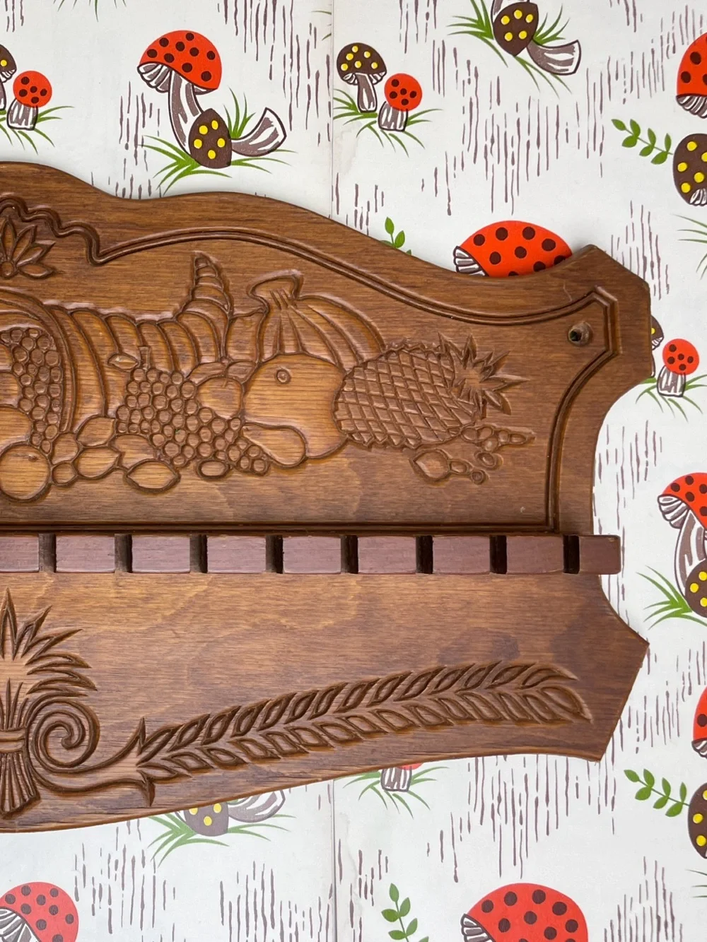 Vintage Carved Wooden Wall Hanging Cornucopia and Fruit Spoon Rack